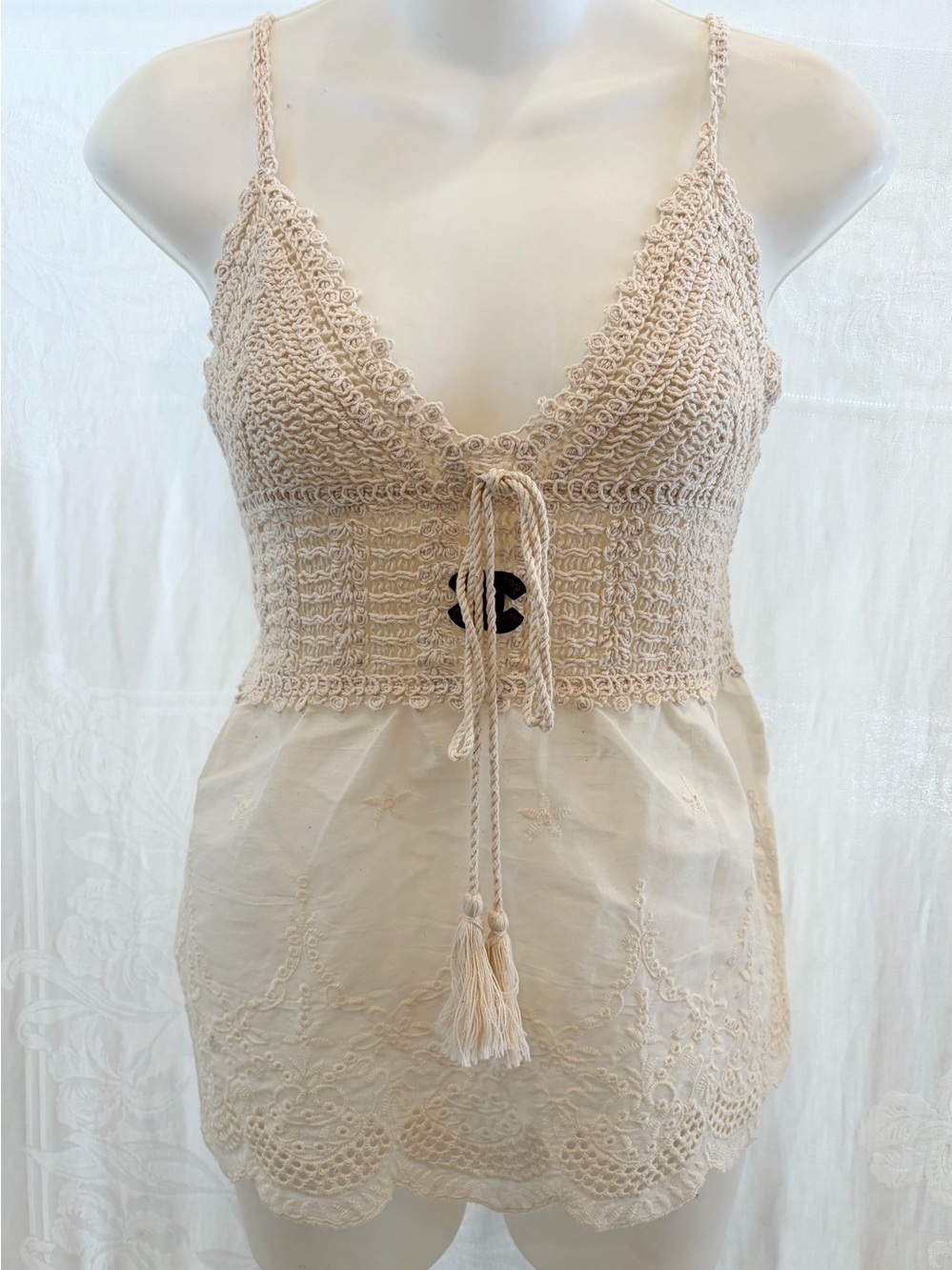 New Boho Double C Natural Cotton Crochet Top 36 S